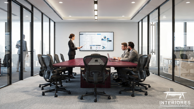 sala de reunião, mesa com caixa de tomadas, divisória em vidro, conectividade corporativa, mesa corporativa, divisória piso teto vidro, vidro com persianas, vidro polarizado, caixa de tomadas embutida, infraestrutura de rede, cabeamento elétrico, piso elevado, tomadas USB, ambiente corporativo premium, tomada de decisão, reuniões produtivas, credibilidade da empresa, imagem corporativa, Interiores Corporativos, mobiliário corporativo,